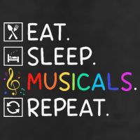 Eat Sleep Musicals Repeat Broadway Theater Novelty 7 Panel Mesh Trucker Snapback Hat