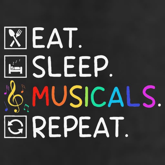 Eat Sleep Musicals Repeat Broadway Theater Novelty 7 Panel Mesh Trucker Snapback Hat