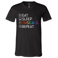 Eat Sleep Musicals Repeat Broadway Theater Novelty V-Neck T-Shirt