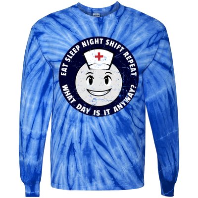 Eat Sleep Night Shift Repeat Nurse Moon Emoticon Gift Tie-Dye Long Sleeve Shirt