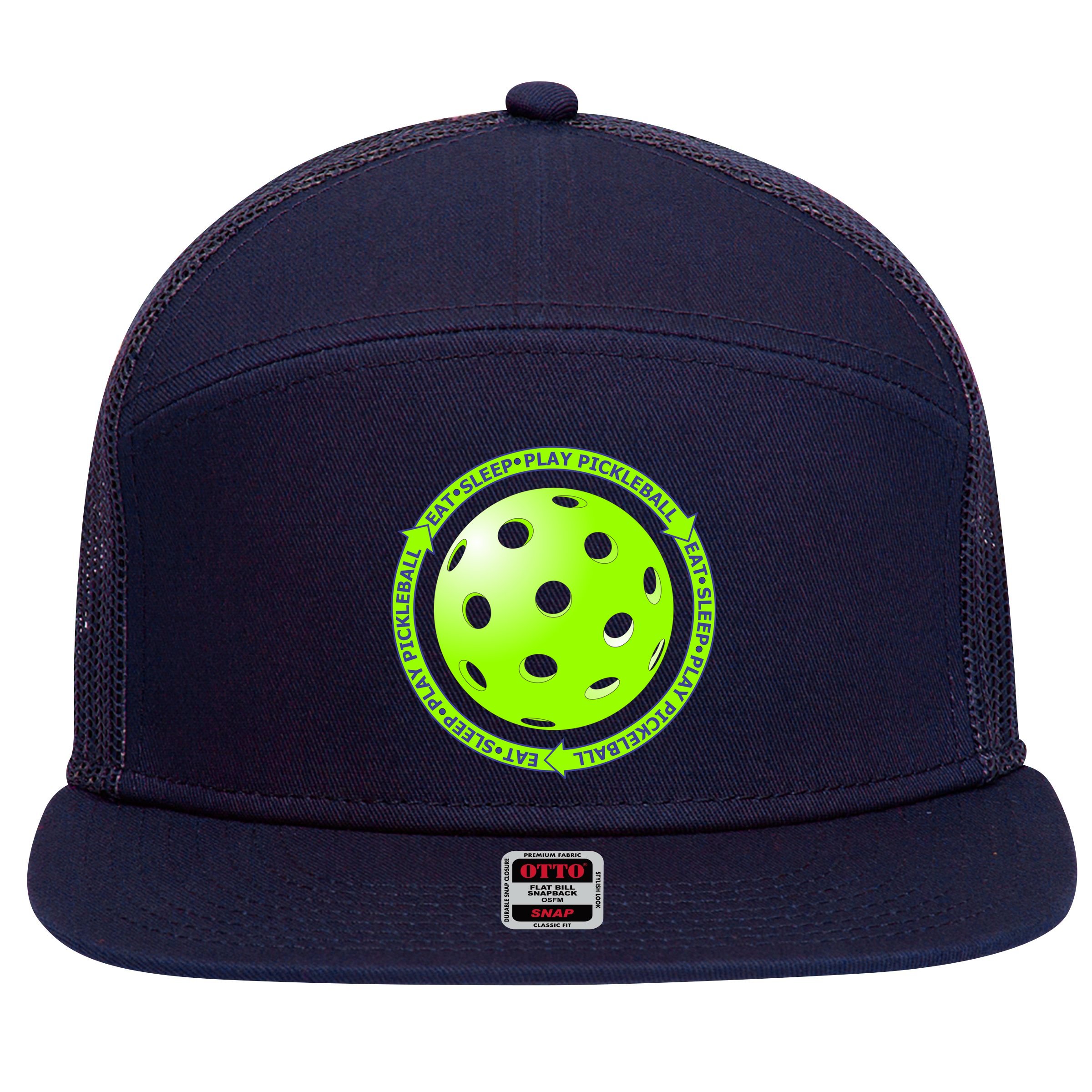 Eat Sleep Pickleball Circle | Fun Pickleball | Green Pickleball 7 Panel Mesh Trucker Snapback Hat
