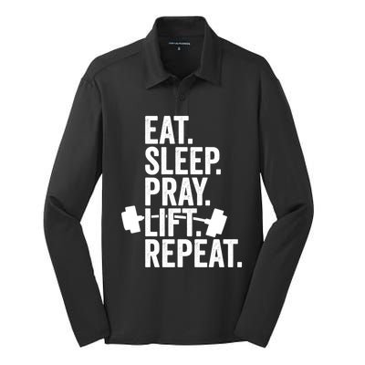 Eat Sleep Pray Lift Repeat Christian Athlete Workout Gift Silk Touch Performance Long Sleeve Polo