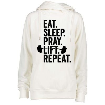 Eat Sleep Pray Lift Repeat Christian Athlete Workout Gift Womens Funnel Neck Pullover Hood