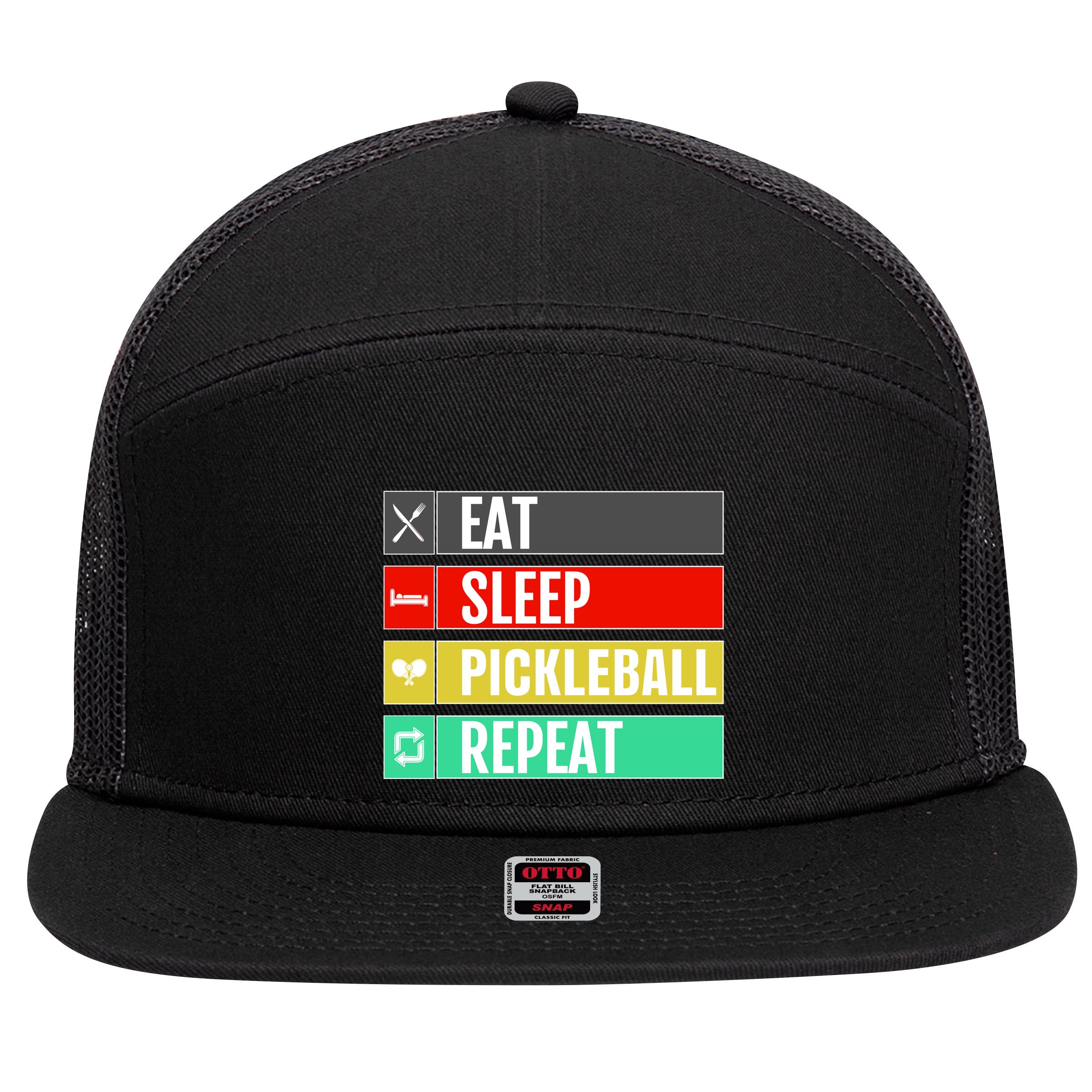 Eat Sleep Pickleball Repeat Funny Pickle Ball 7 Panel Mesh Trucker Snapback Hat