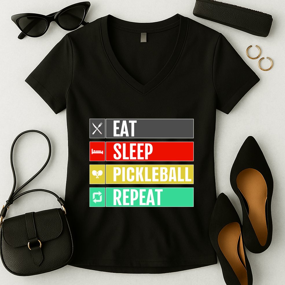 Eat Sleep Pickleball Repeat Funny Pickle Ball Women's V-Neck T-Shirt
