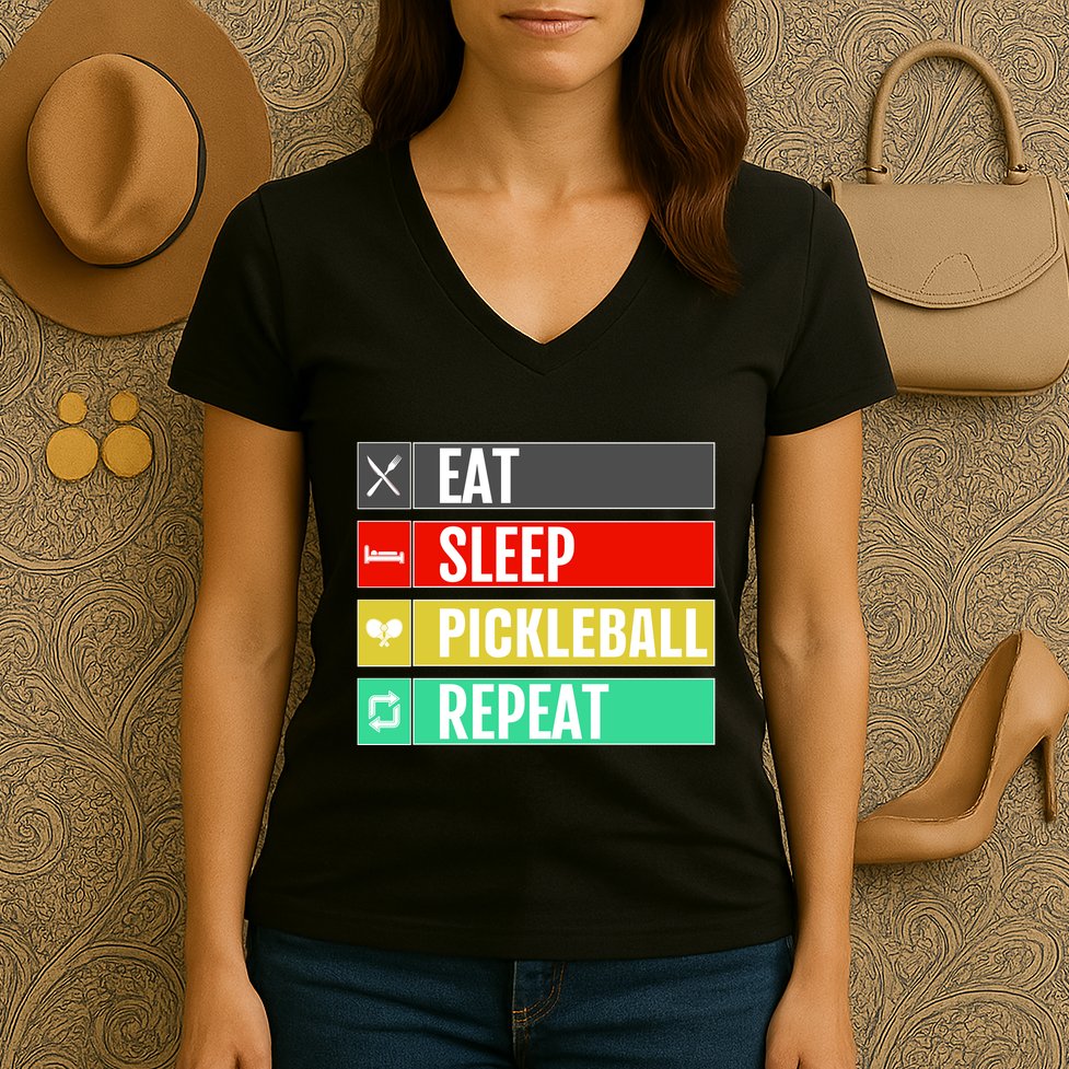 Eat Sleep Pickleball Repeat Funny Pickle Ball Women's V-Neck T-Shirt