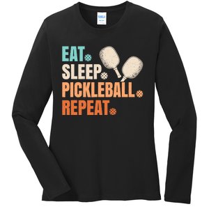 Eat Sleep Pickleball Repeat Funny Pickle Ball Player Ladies Long Sleeve Shirt