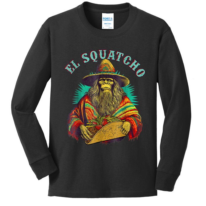 El Squatcho Poncho Taco Western Bigfoot Sasquatch Lovers Kids Long Sleeve Shirt