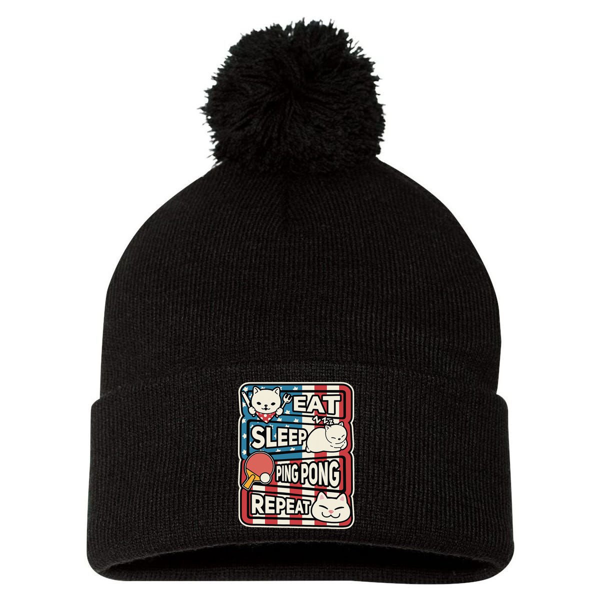 Eat Sleep Ping Pong Repeat Patriotic Table Tennis Outfit Pom Pom 12in Knit Beanie