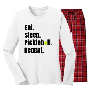 Eat Sleep Pickleball Repeat Funny Pickleball Quote Pickleball Text Women's Long Sleeve Flannel Pajama Set 