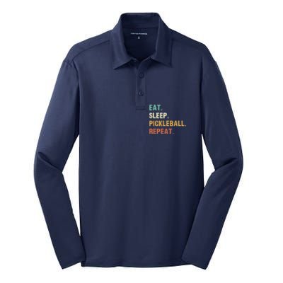 Eat Sleep Pickleball Repeat, Funny Pickleball Silk Touch Performance Long Sleeve Polo