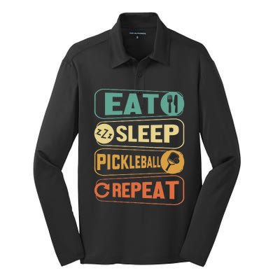 Eat Sleep Pickleball Repeat Funny Pickle Ball Silk Touch Performance Long Sleeve Polo