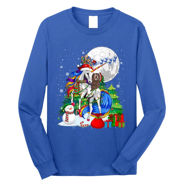 Elf Sloth Riding Santa Reindeer Unicorn Christmas Snow Gift Long Sleeve Shirt