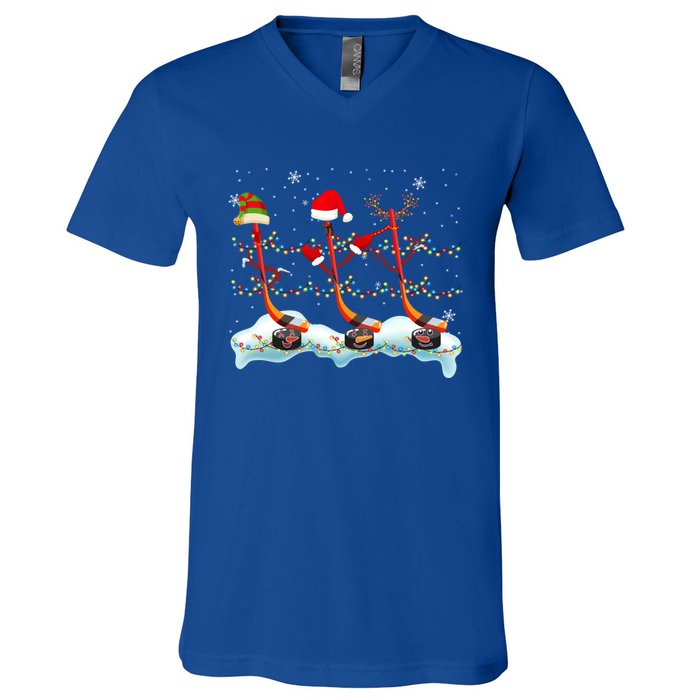 Elf Santa Reindeer Hockey Xmas Lights Hockey Player Gift V-Neck T-Shirt