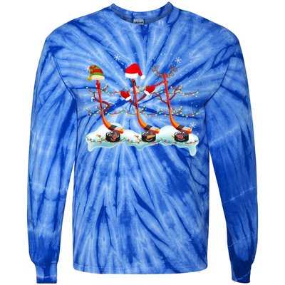 Elf Santa Reindeer Hockey Xmas Lights Hockey Player Gift Tie-Dye Long Sleeve Shirt