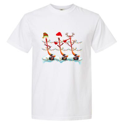 Elf Santa Reindeer Hockey Xmas Lights Hockey Player Gift Garment-Dyed Heavyweight T-Shirt