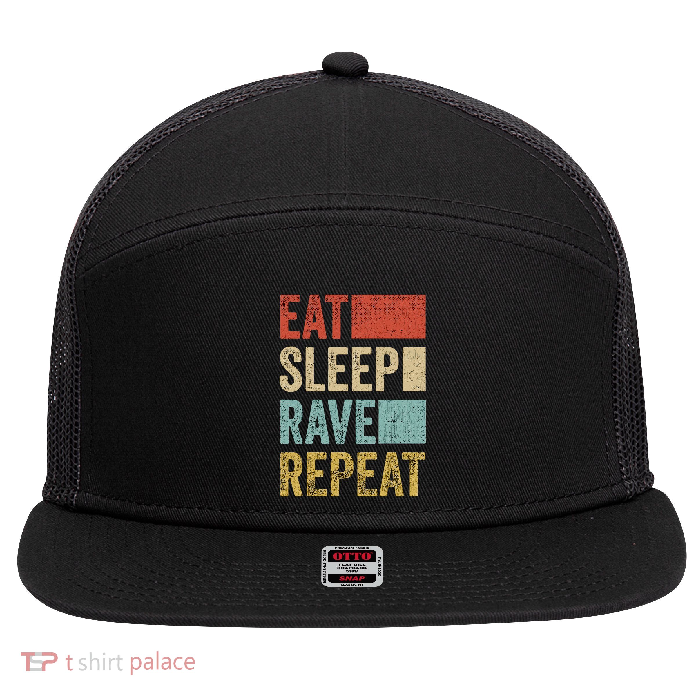 Eat Sleep Rave Repeat Retro Rave 7 Panel Mesh Trucker Snapback Hat