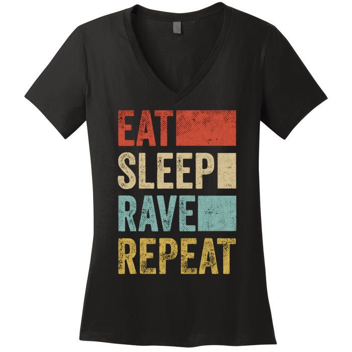 Eat Sleep Rave Repeat Retro Rave Women's V-Neck T-Shirt