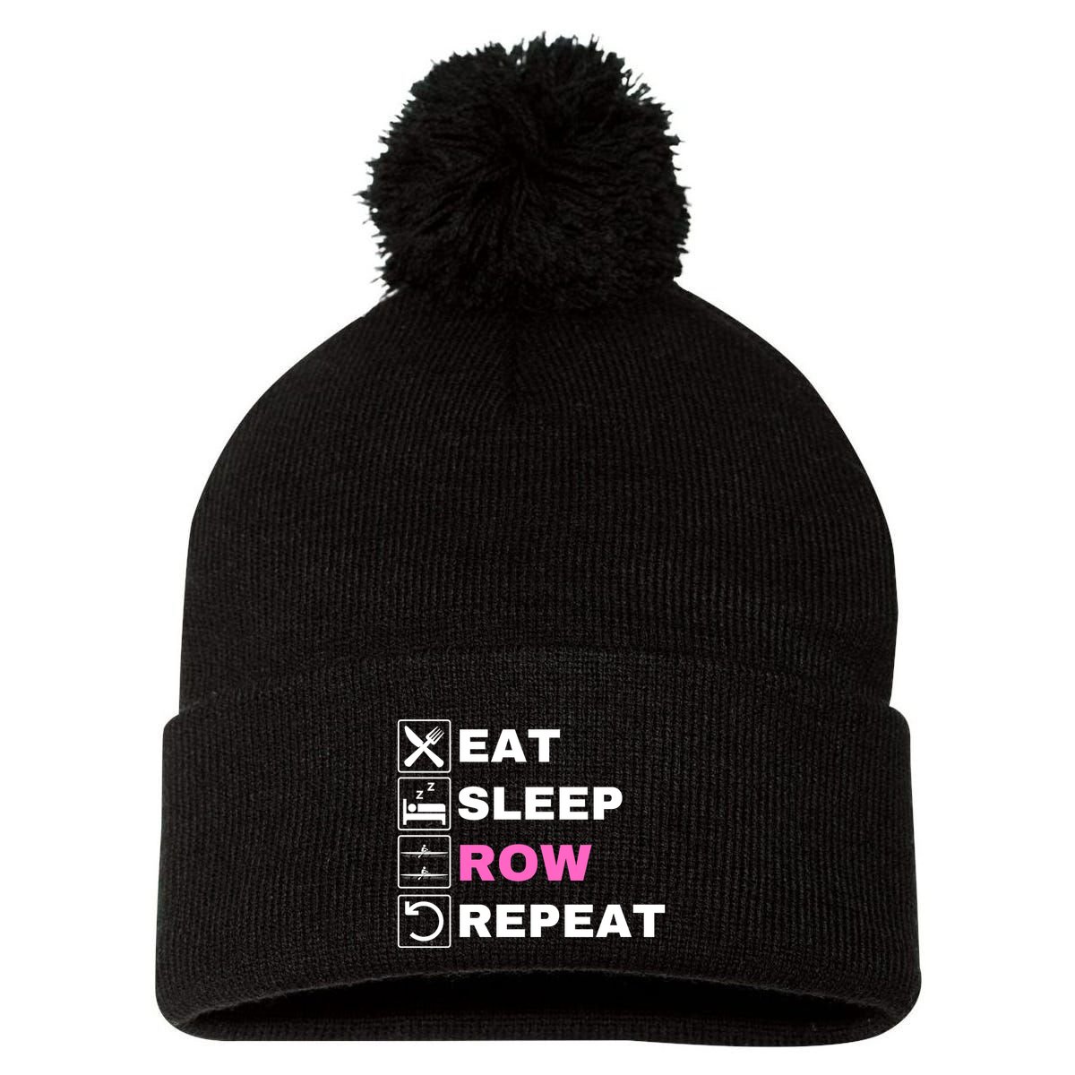 Eat Sleep Row Repeat, Erg Rowing Crew, Rowing Oar, Row Crew Pom Pom 12in Knit Beanie