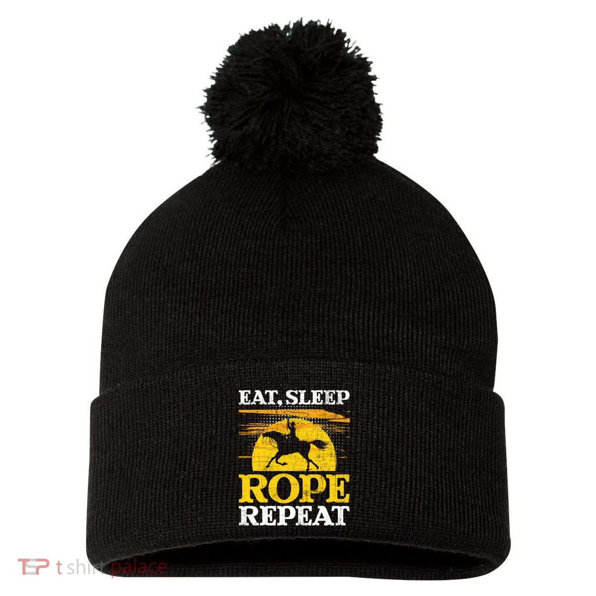 Eat Sleep Rope Repeat Cowboy Header Heeler Roping Lover Pom Pom 12in Knit Beanie