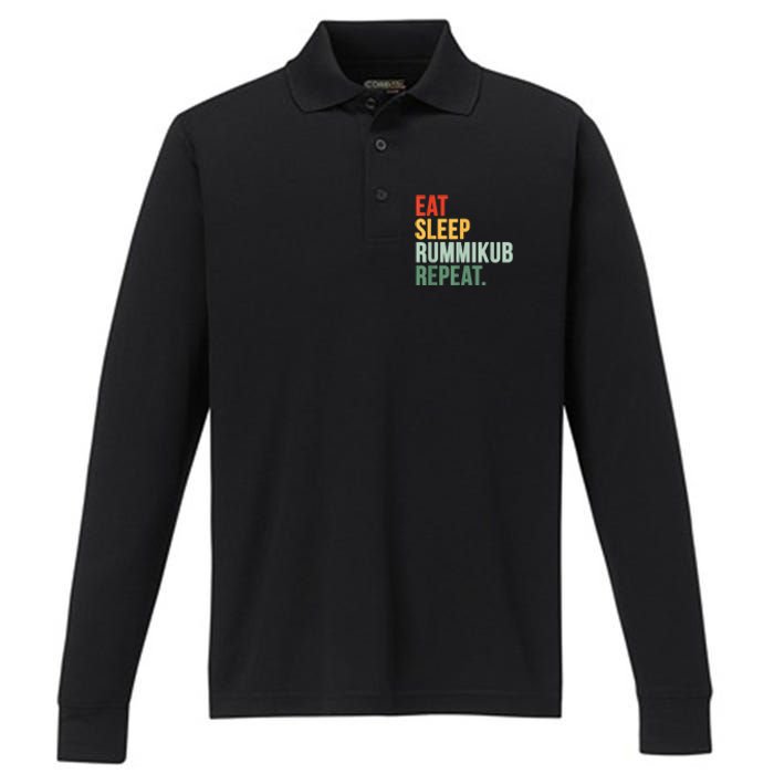 Eat Sleep Rummikub Repeat Multicolored Font Performance Long Sleeve Polo