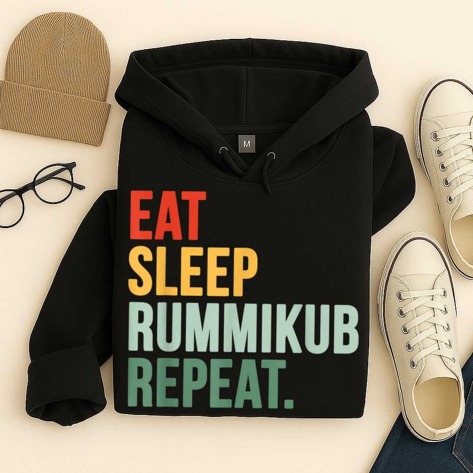 Eat Sleep Rummikub Repeat Multicolored Font Hoodie