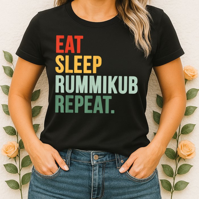 Eat Sleep Rummikub Repeat Multicolored Font Womens T-Shirt