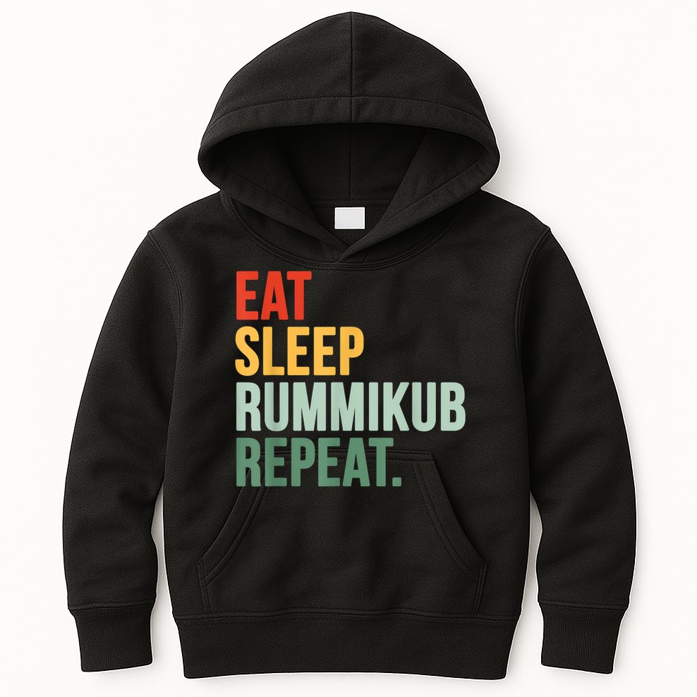 Eat Sleep Rummikub Repeat Multicolored Font Kids Hoodie