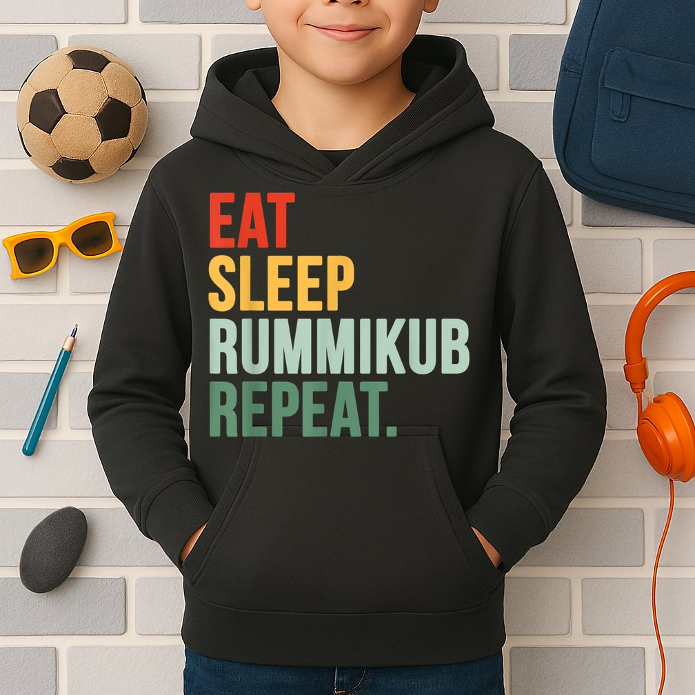Eat Sleep Rummikub Repeat Multicolored Font Kids Hoodie