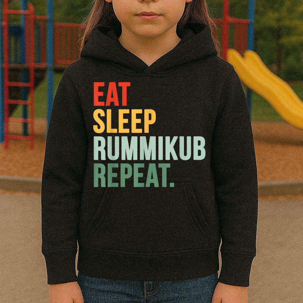 Eat Sleep Rummikub Repeat Multicolored Font Kids Hoodie