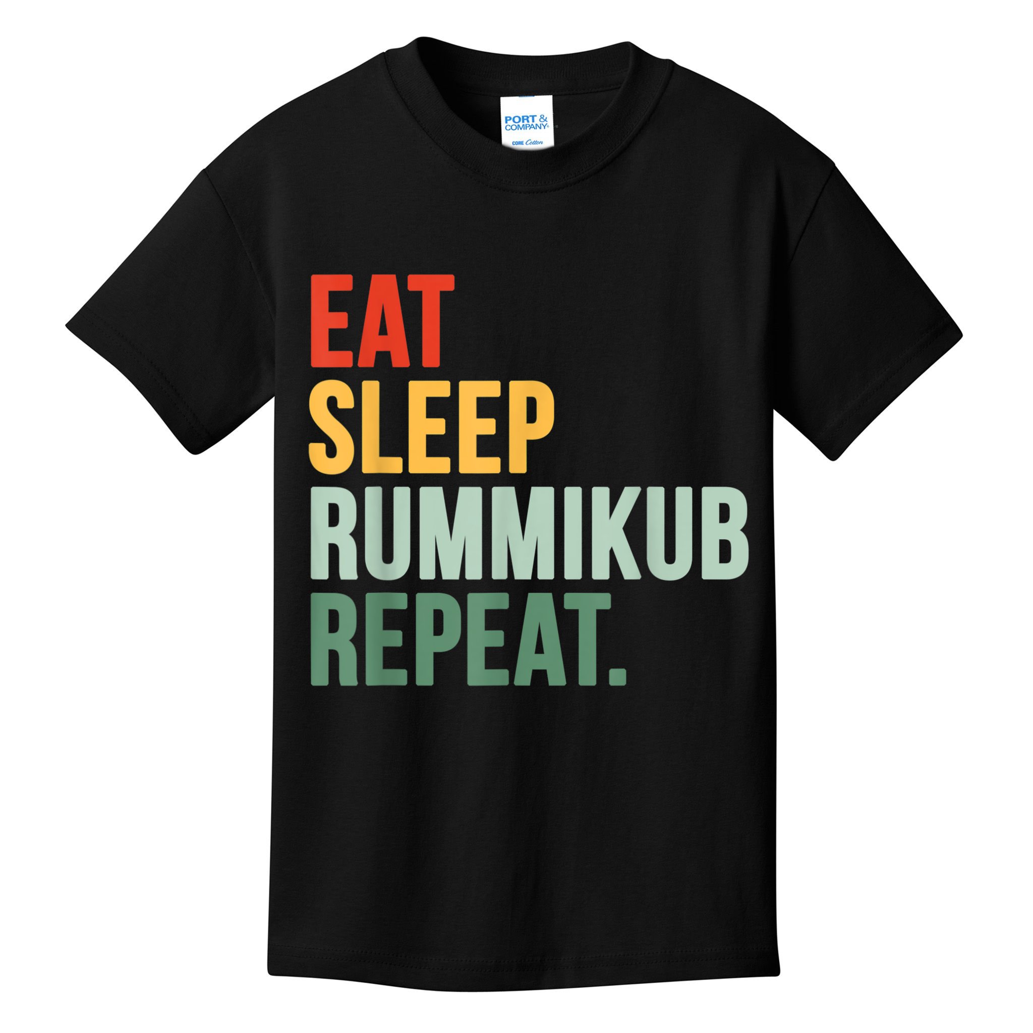Eat Sleep Rummikub Repeat Multicolored Font Kids T-Shirt