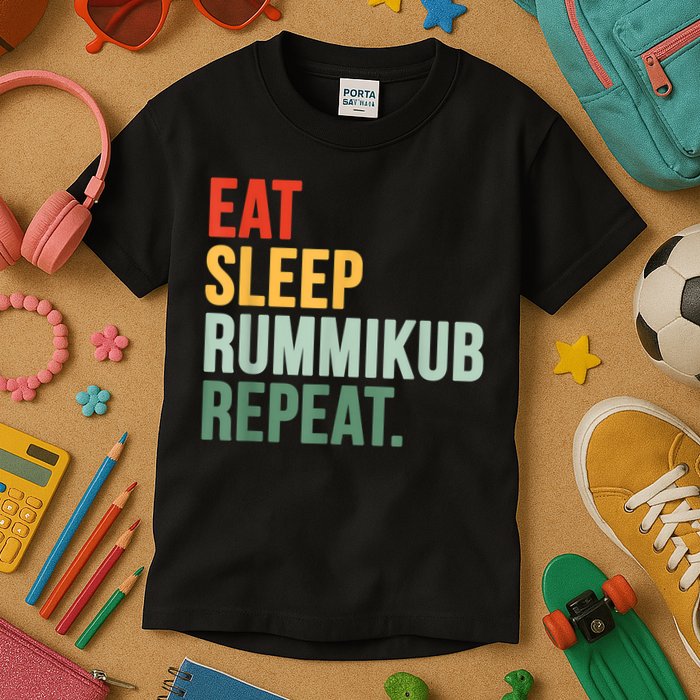 Eat Sleep Rummikub Repeat Multicolored Font Kids T-Shirt