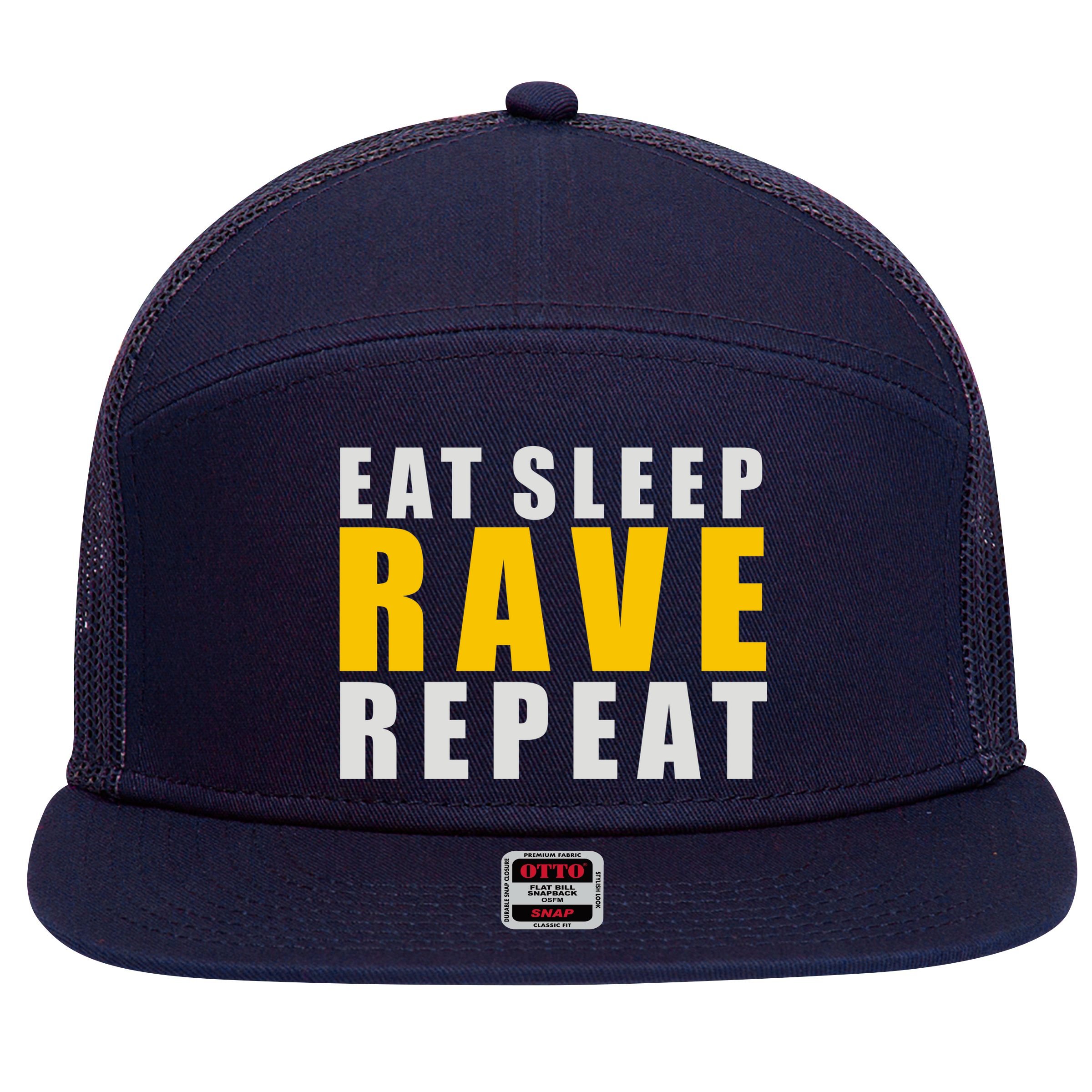 EAT SLEEP RAVE REPEAT 7 Panel Mesh Trucker Snapback Hat
