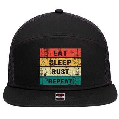 Eat Sleep Rust Repeat Funny Gaming Sports Meme 7 Panel Mesh Trucker Snapback Hat