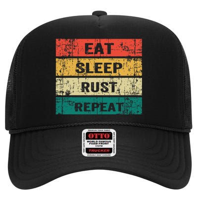 Eat Sleep Rust Repeat Funny Gaming Sports Meme High Crown Mesh Back Trucker Hat