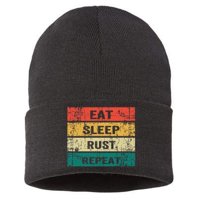 Eat Sleep Rust Repeat Funny Gaming Sports Meme Sustainable Knit Beanie