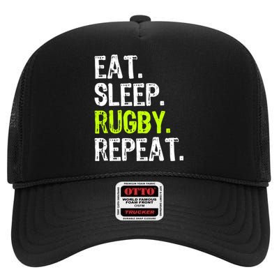 Eat Sleep Rugby Repeat Player Fan Lover Funny High Crown Mesh Back Trucker Hat