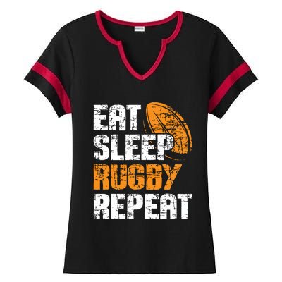 Eat Sleep Rugby Repeat Rugby Player Coach Sports Lover Ladies Halftime Notch Neck Tee