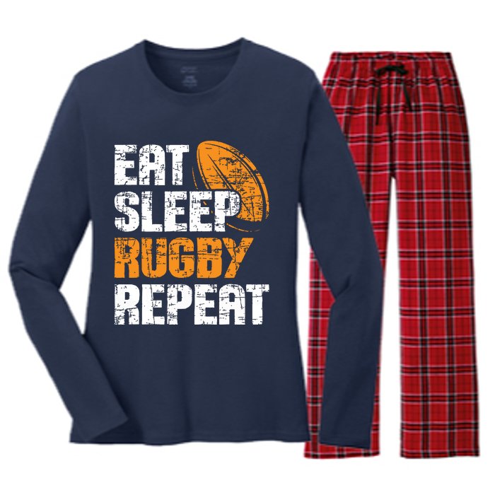 Eat Sleep Rugby Repeat Rugby Player Coach Sports Lover Women's Long Sleeve Flannel Pajama Set 