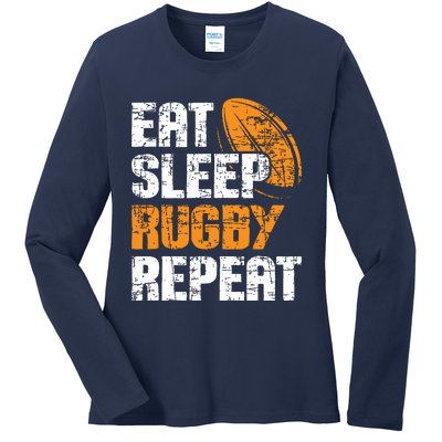 Eat Sleep Rugby Repeat Rugby Player Coach Sports Lover Ladies Long Sleeve Shirt