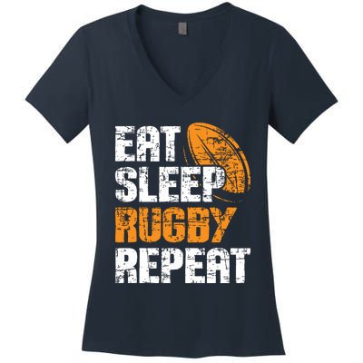 Eat Sleep Rugby Repeat Rugby Player Coach Sports Lover Women's V-Neck T-Shirt