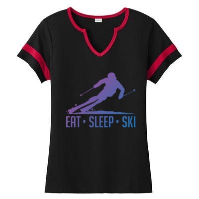 Eat Sleep Ski Skiing Skier Snow Winter Vacation Gift Ladies Halftime Notch Neck Tee