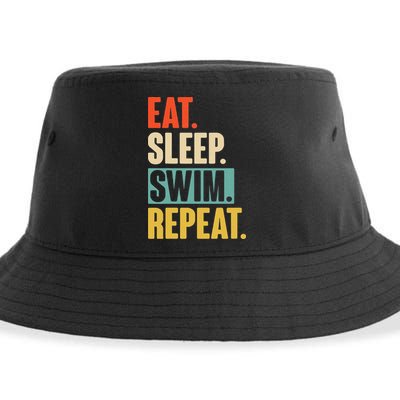 Eat Sleep Swim Repeat Funny Retro Vintage Swimming Swimmer Sustainable Bucket Hat