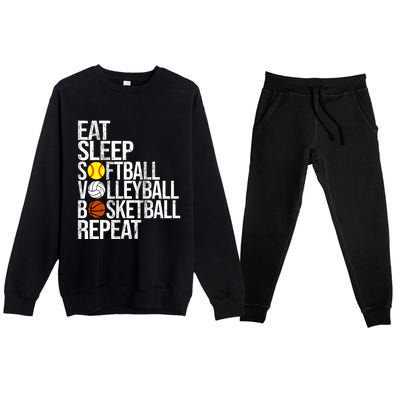 Eat Sleep Softball Volleyball Basketball Repeat Funny Sport Funny Gift Premium Crewneck Sweatsuit Set