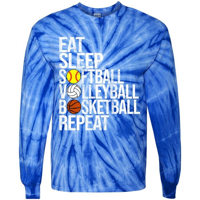 Eat Sleep Softball Volleyball Basketball Repeat Funny Sport Funny Gift Tie-Dye Long Sleeve Shirt