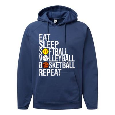 Eat Sleep Softball Volleyball Basketball Repeat Funny Sport Funny Gift Performance Fleece Hoodie