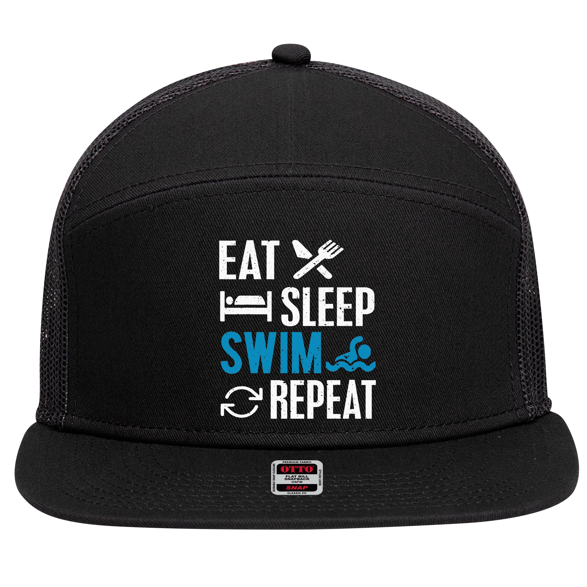 Eat Sleep Swim Repeat funny Swimming Lovers 7 Panel Mesh Trucker Snapback Hat