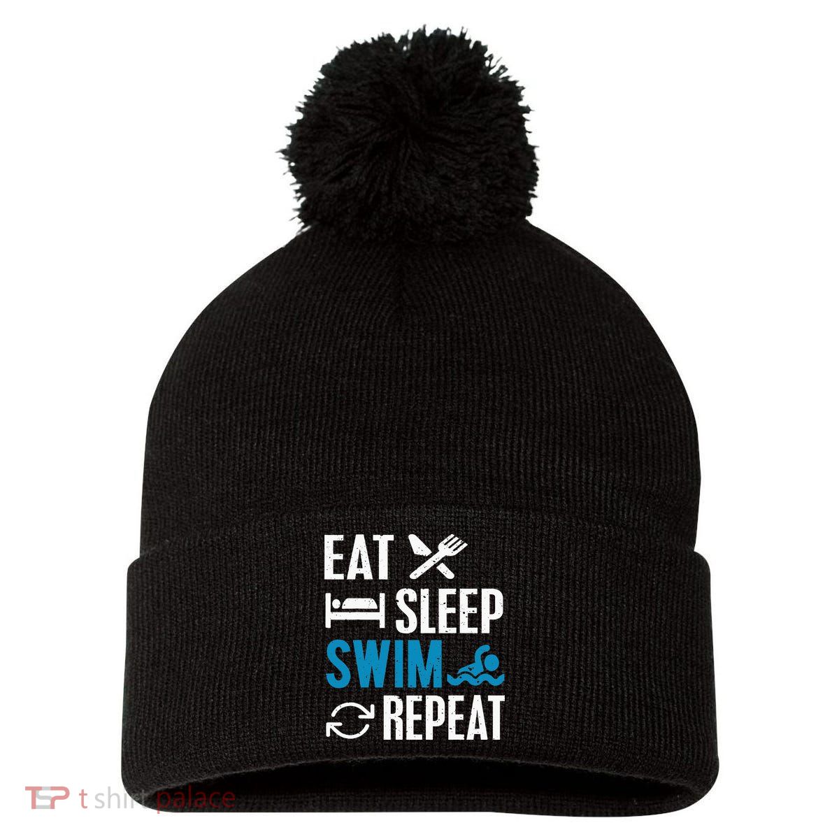 Eat Sleep Swim Repeat funny Swimming Lovers Pom Pom 12in Knit Beanie