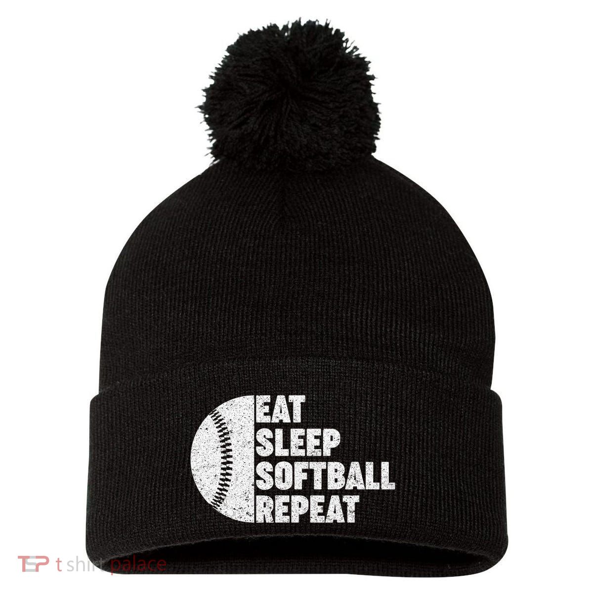 Eat Sleep Softball Repeat Teens Kids Men Women Pom Pom 12in Knit Beanie