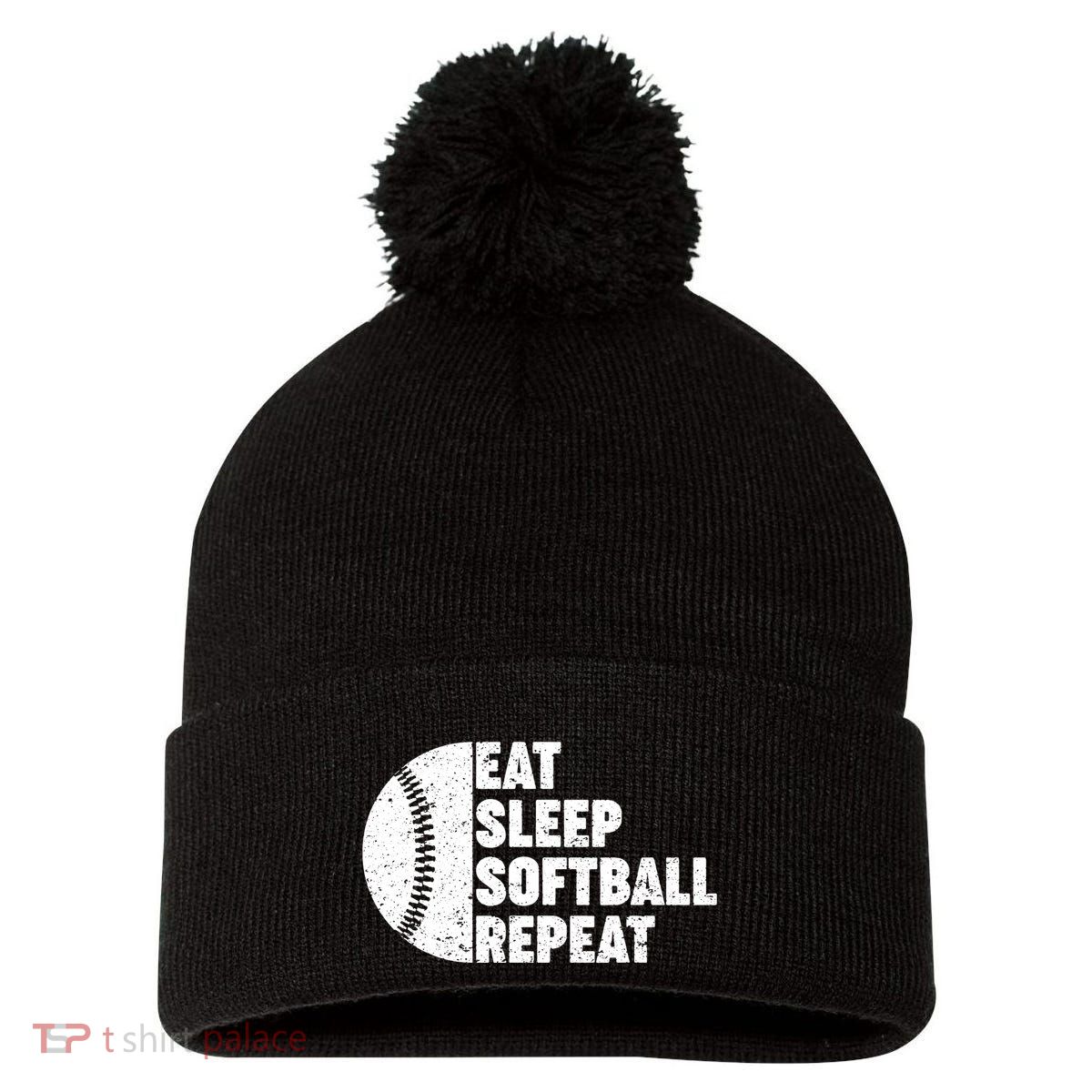 Eat Sleep Softball Repeat Teens Girl Women Pom Pom 12in Knit Beanie